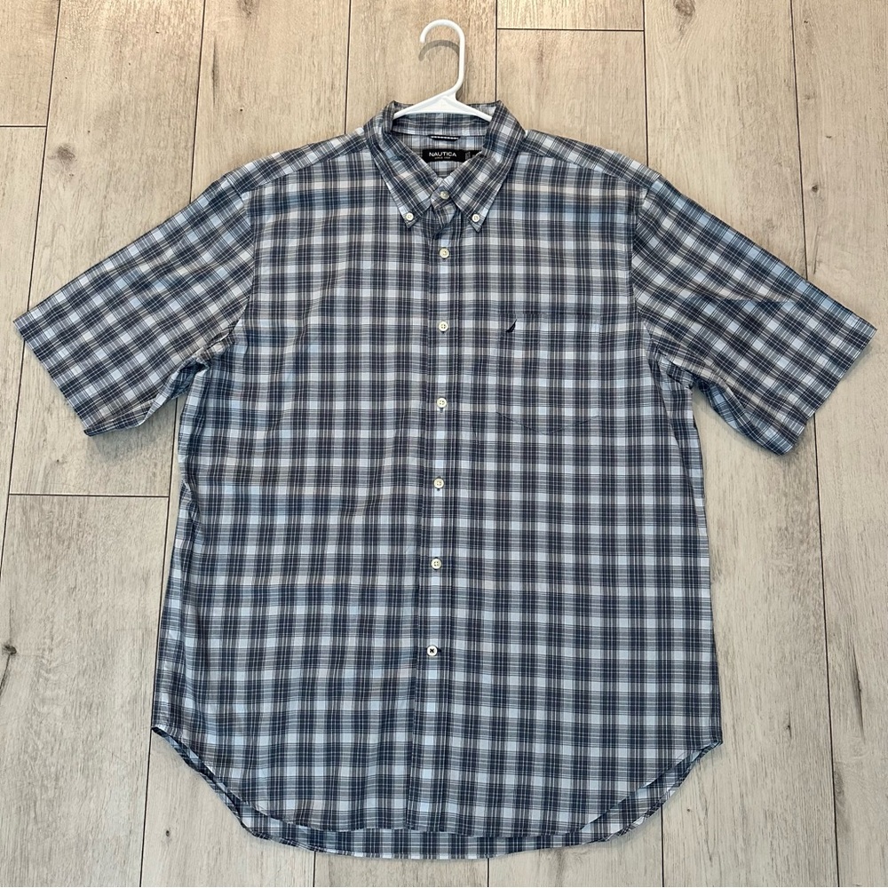 Nautica Blue Gray Plaid Button Up Shirt Classic Fit Short Sleeve Cotton Size XL